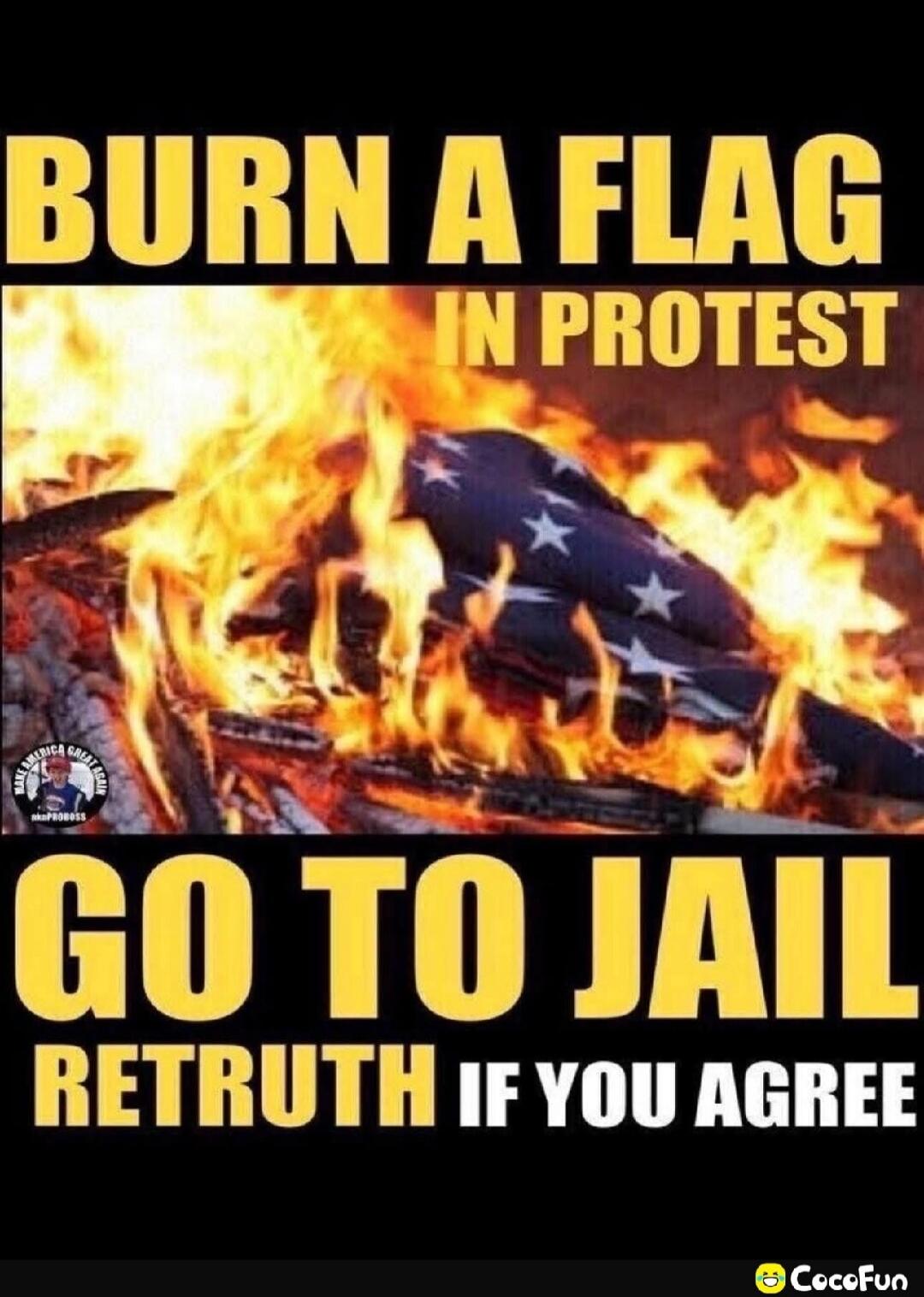 BURN A FLAG IN PROTEST GO TO JAIL RETRUTH IF YOU AGREE