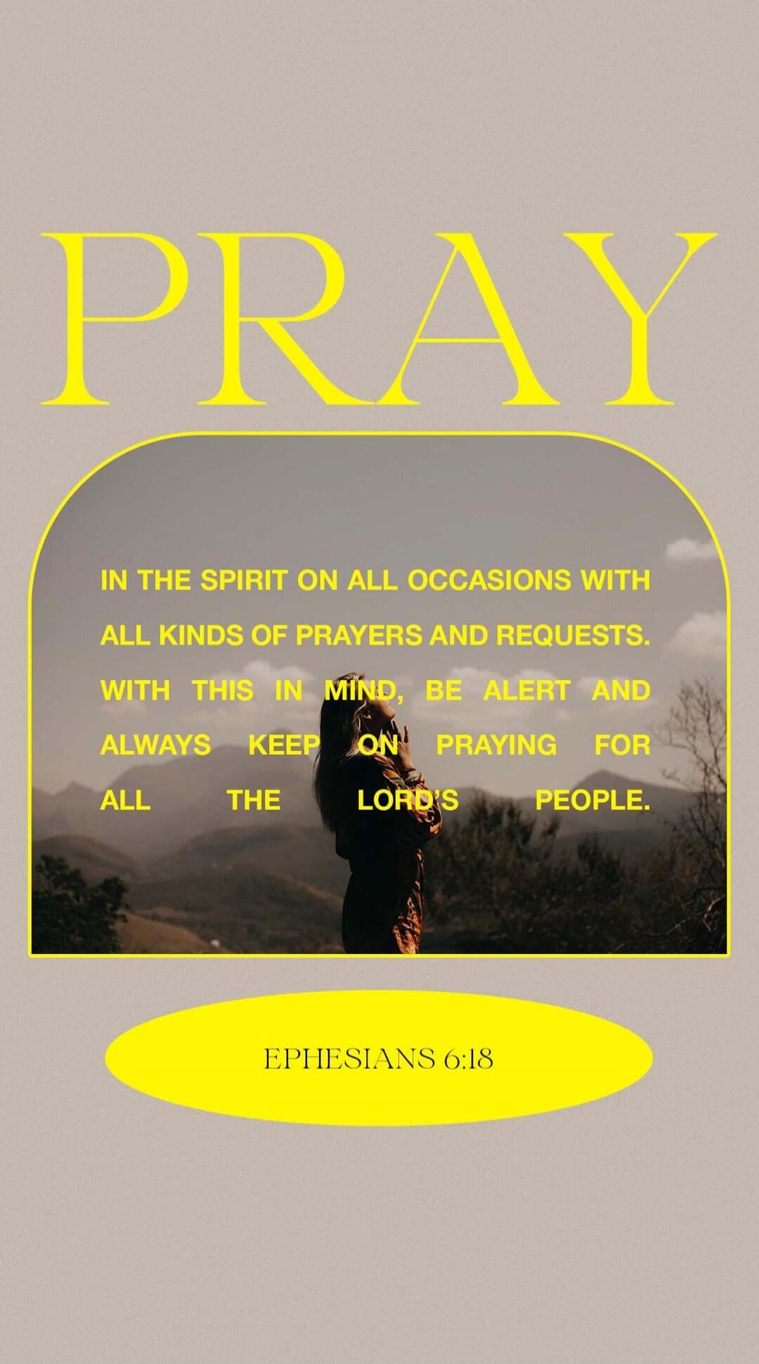 PRAY. IN THE SPIRIT ON ALL OCCASIONS WITH ALL KINDS OF PRAYERS AND REQUESTS. WITH THIS IN MIND, BE ALERT AND ALWAYS KEEP ON PRAYING FOR ALL THE LORD'S PEOPLE. EPHESIANS 6:18
