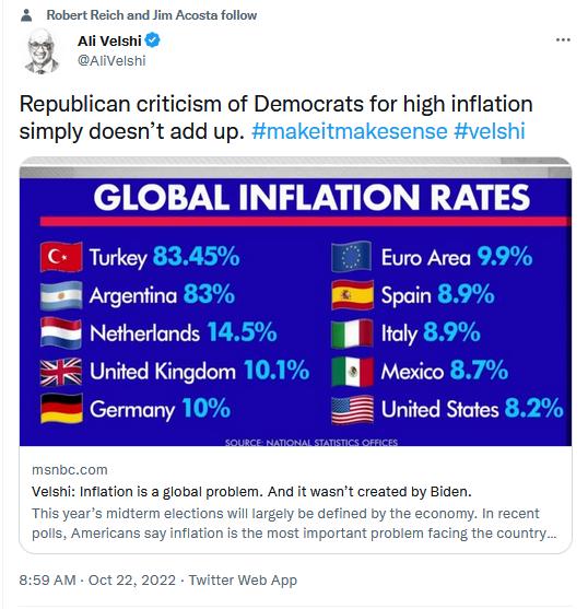 Robert Reich and Jim Acosta follow Al Vet Republican criticism of Democrats for high inflation simply doesnt add up makeitmakesense velshi GLOBAL INFLATION RATES Turkey Argentina s Netherlands SZ United Kingdom s Germany Velshi Infition is a giobal problem And t created by Biden