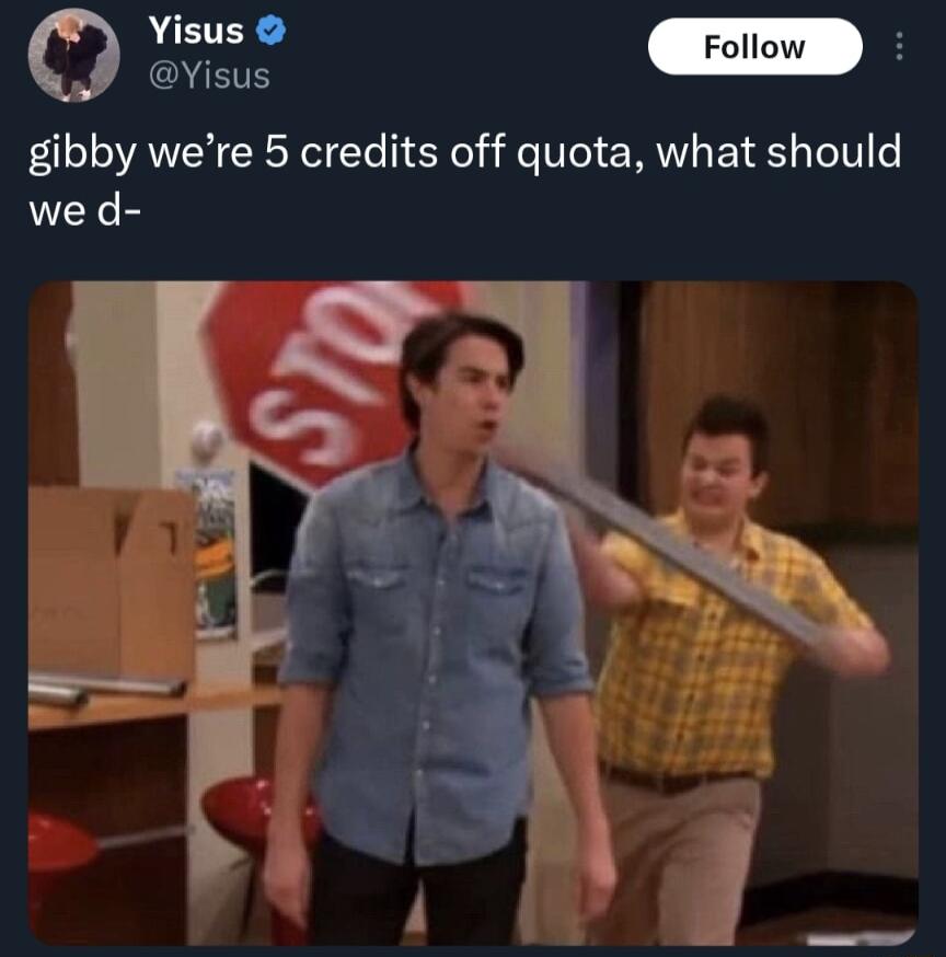 NETER Follow H e gibby were 5 credits off quota what should we d