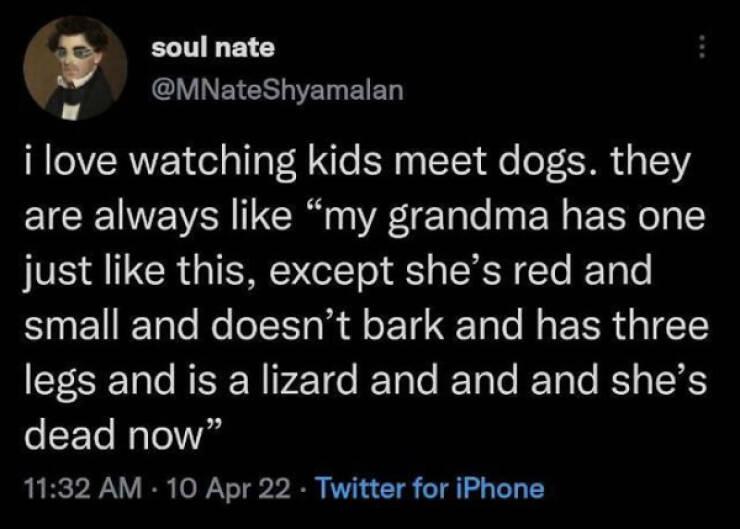 soul nate MNateShyamalan i love watching kids meet dogs they EICE VR Gl R ale 1y R EERT 1 IS R G I g RN To ReTae small and doesnt bark and has three legs and is a lizard and and and shes dead now 1132 AM 10 Apr 22 Twitter for iPhone