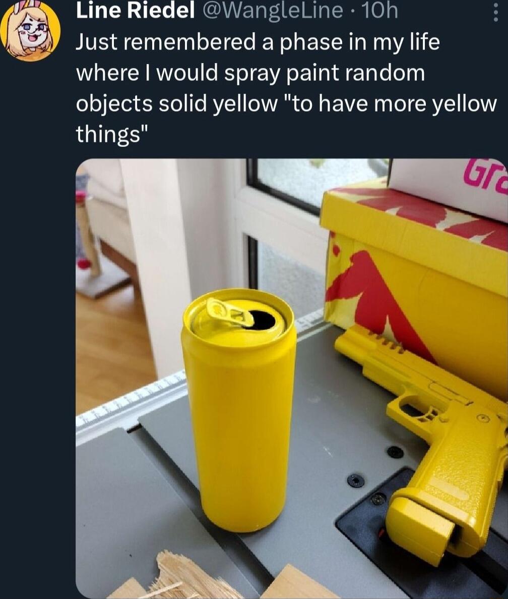 Line Riedel WangleLine 10h i Just remembered a phase in my life where would spray paint random objects solid yellow to have more yellow things