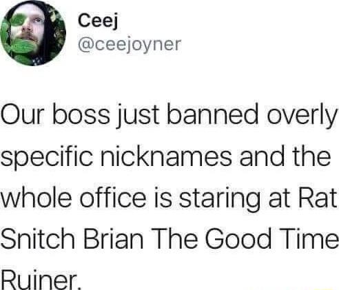 Ceej ceejoyner Our boss just banned overly specific nicknames and the whole office is staring at Rat Snitch Brian The Good Time Ruiner