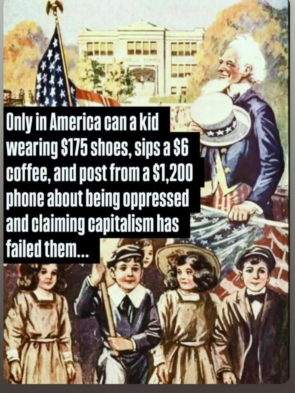 Only in America can a kid wearing $175 shoes, sips a $6 coffee, and post from a $1,200 phone about being oppressed and claiming capitalism has failed them...
