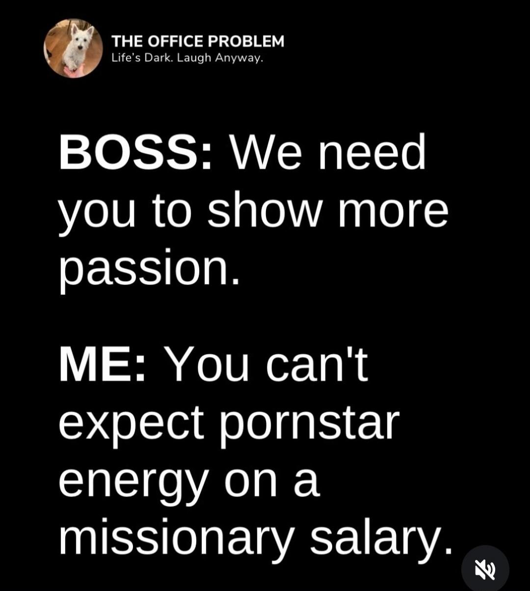 THE OFFICE PROBLEM Life's Dark. Laugh Anyway. BOSS: We need you to show more passion. ME: You can't expect pornstar energy on a missionary salary.