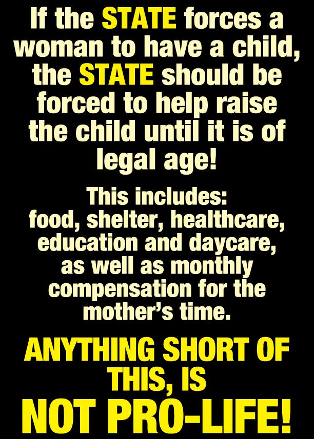 If the ST H5F woman to have a child the should be forced to help raise the child until it is of CTETET T This includes food shelter healthcare education and daycare as well as monthly compensation for the mothers time