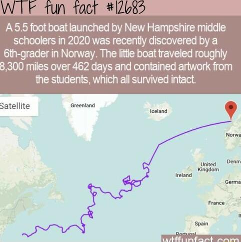 AA55 foot boat launched by New Hampshire middie schoolers in 2020 was recently discovered by a 6ih grader in Norway The litie boat raveled roughly 3300 miles over 462 days and contained artwork from the students which all survived inact Satellite Greenland
