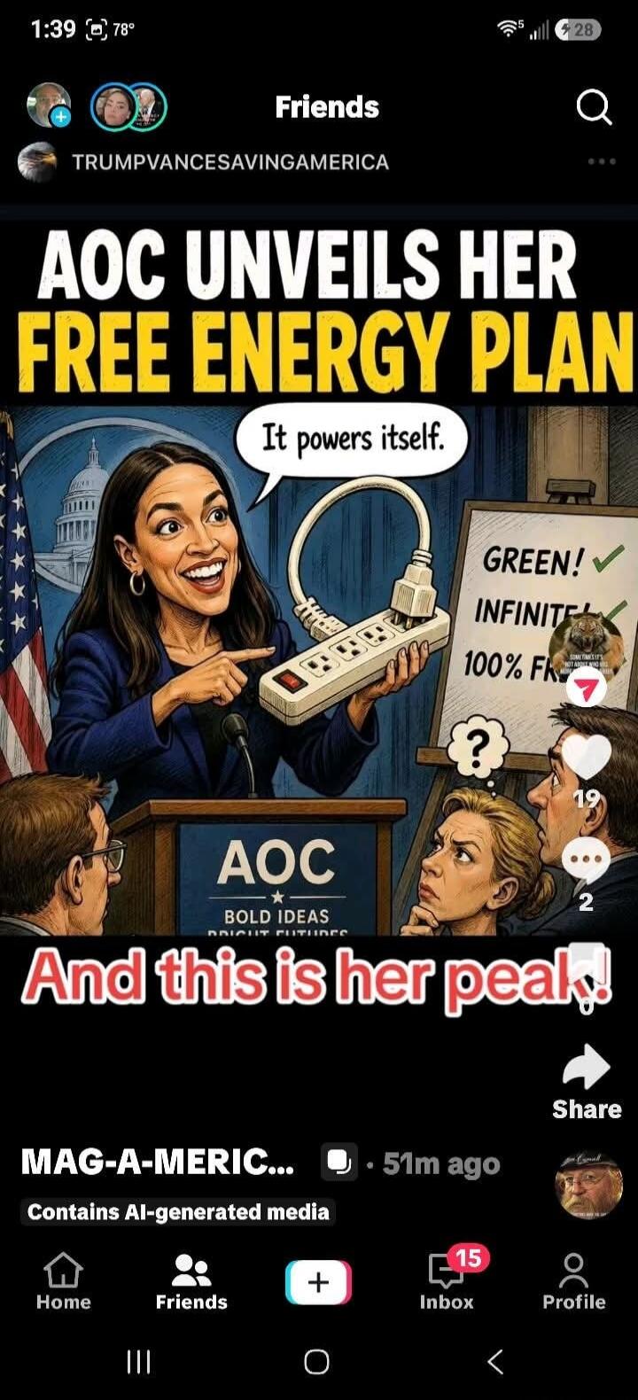 AOC UNVEILS HER FREE ENERGY PLAN. It powers itself. GREEN! INFINITE! 100% FR. AOC BOLD IDEAS BRIGHT FUTURES. And this is her peak! TRUMPVANCESAVINGAMERICA. MAG-A-MERIC... Contains AI-generated media.