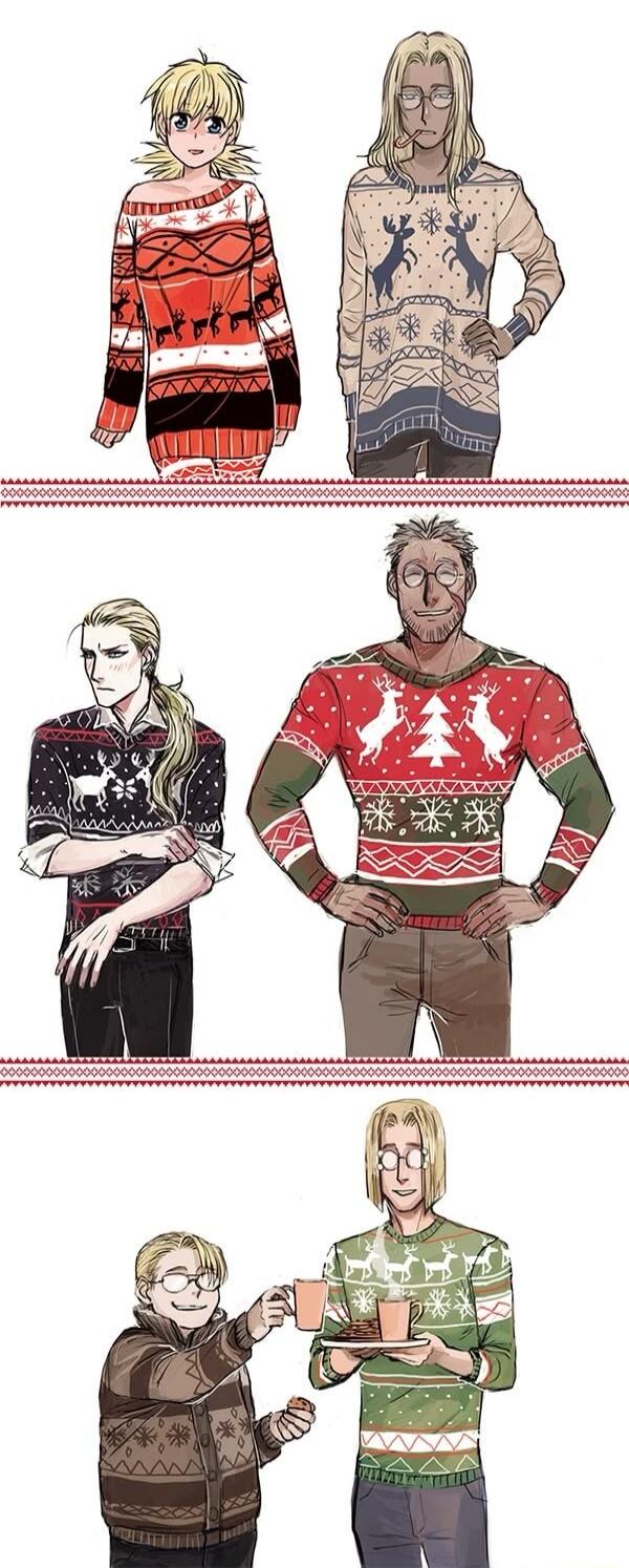 Various characters in Christmas sweaters.