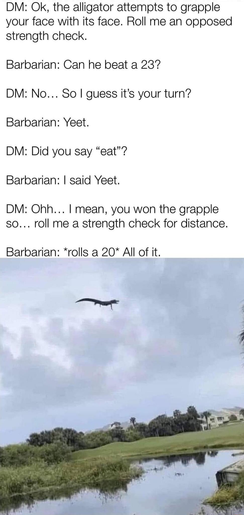 DM Ok the alligator attempts to grapple your face with its face Roll me an opposed strength check Barbarian Can he beat a 237 DM No So guess its your turn Barbarian Yeet DM Did you say eat Barbarian said Yeet DM Ohh I mean you won the grapple s0 roll me a strength check for distance Barbarian rolls a 20 All of it