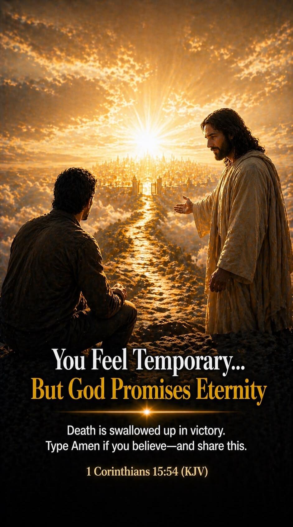 You Feel Temporary... But God Promises Eternity... Death is swallowed up in victory. Type Amen if you believe—and share this. 1 Corinthians 15:54 (KJV)