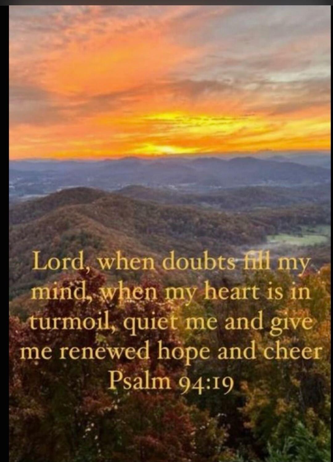 Lord, when doubts fill my mind, when my heart is in turmoil, quiet me and give me renewed hope and cheer Psalm 94:19