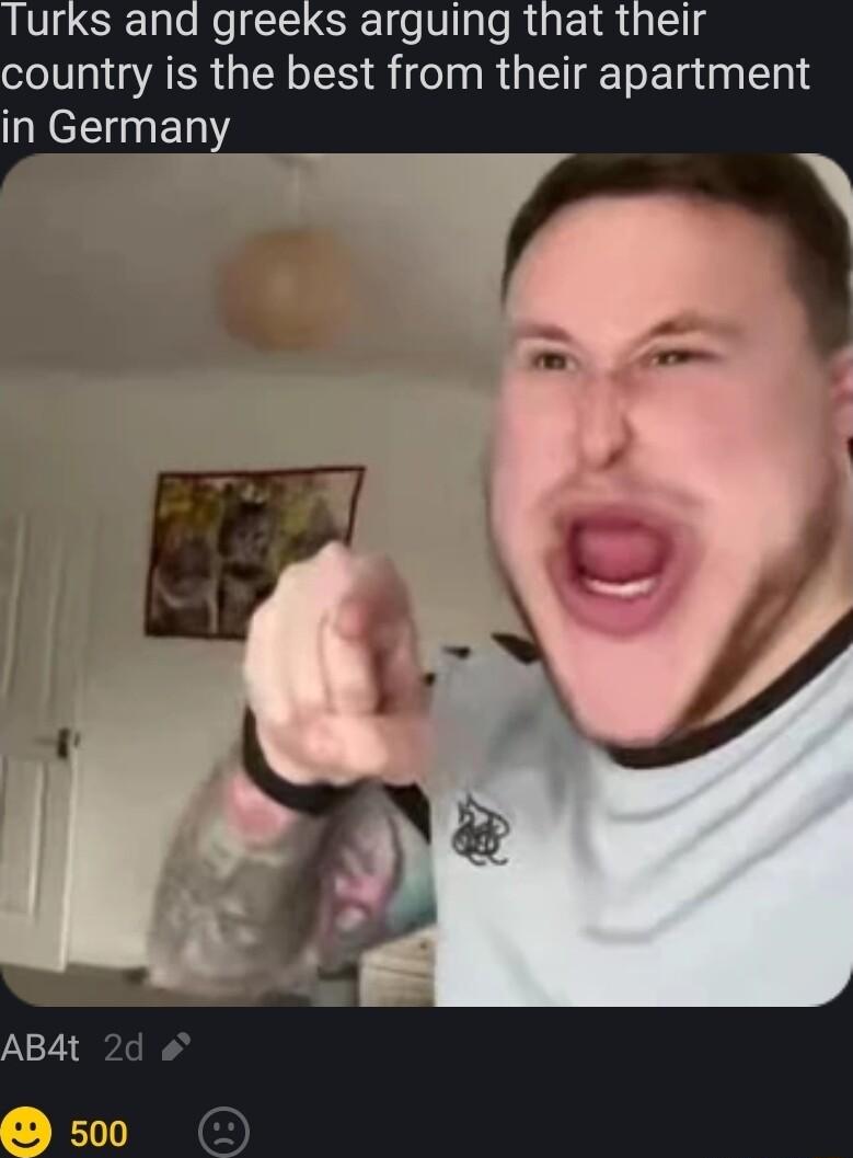 urks and greeks arguing that their country is the best from their apartment in Germany