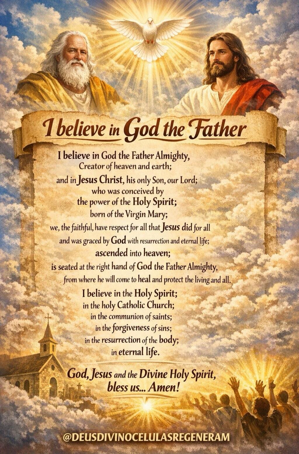 I believe in God the Father I believe in God the Father Almighty, Creator of heaven and earth; and in Jesus Christ, his only Son, our Lord; who was conceived by the power of the Holy Spirit; born of the Virgin Mary; we, the faithful, have respect for all that Jesus did for all and was graced by God with resurrection and eternal life; ascended into 