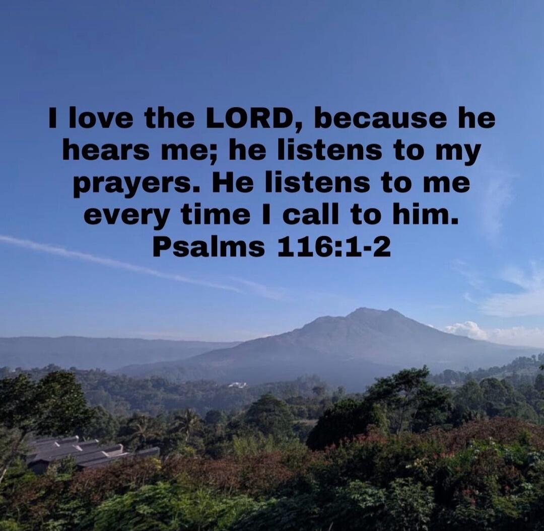 I love the LORD, because he hears me; he listens to my prayers. He listens to me every time I call to him. Psalms 116:1-2
