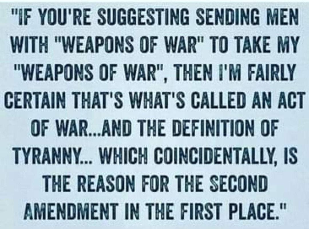 IF YOURE SUGGESTING SENDING MEN WITH WEAPONS OF WAR TO TAKE MY WEAPONS OF WAR THEN IM FAIRLY CERTAIN THATS WHATS CALLED AN ACT OF WARAND THE DEFINITION OF TYRANNY WHICH COINCIDENTALLY IS THE REASON FOR THE SECOND AMENDMENT IN THE FIRST PLACE