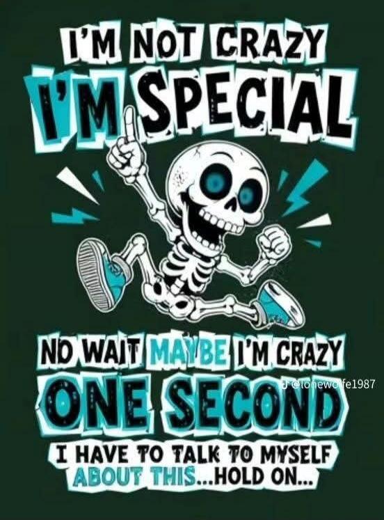 I'M NOT CRAZY I'M SPECIAL NO WAIT MAYBE I'M CRAZY ONE SECOND I HAVE TO TALK TO MYSELF ABOUT THIS... HOLD ON...