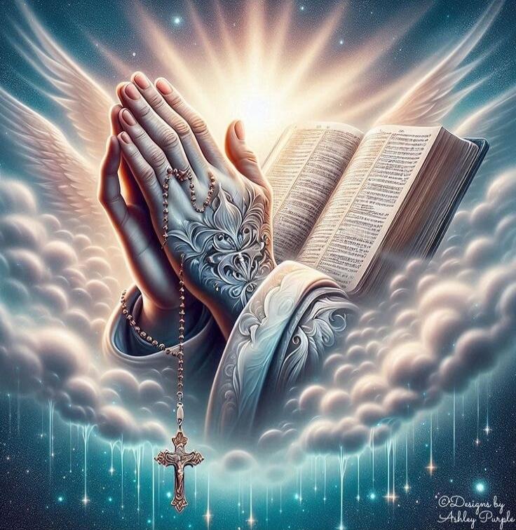 Praying hands with rosary and an open Bible, haloed by wings and radiant light emerging from the clouds.
