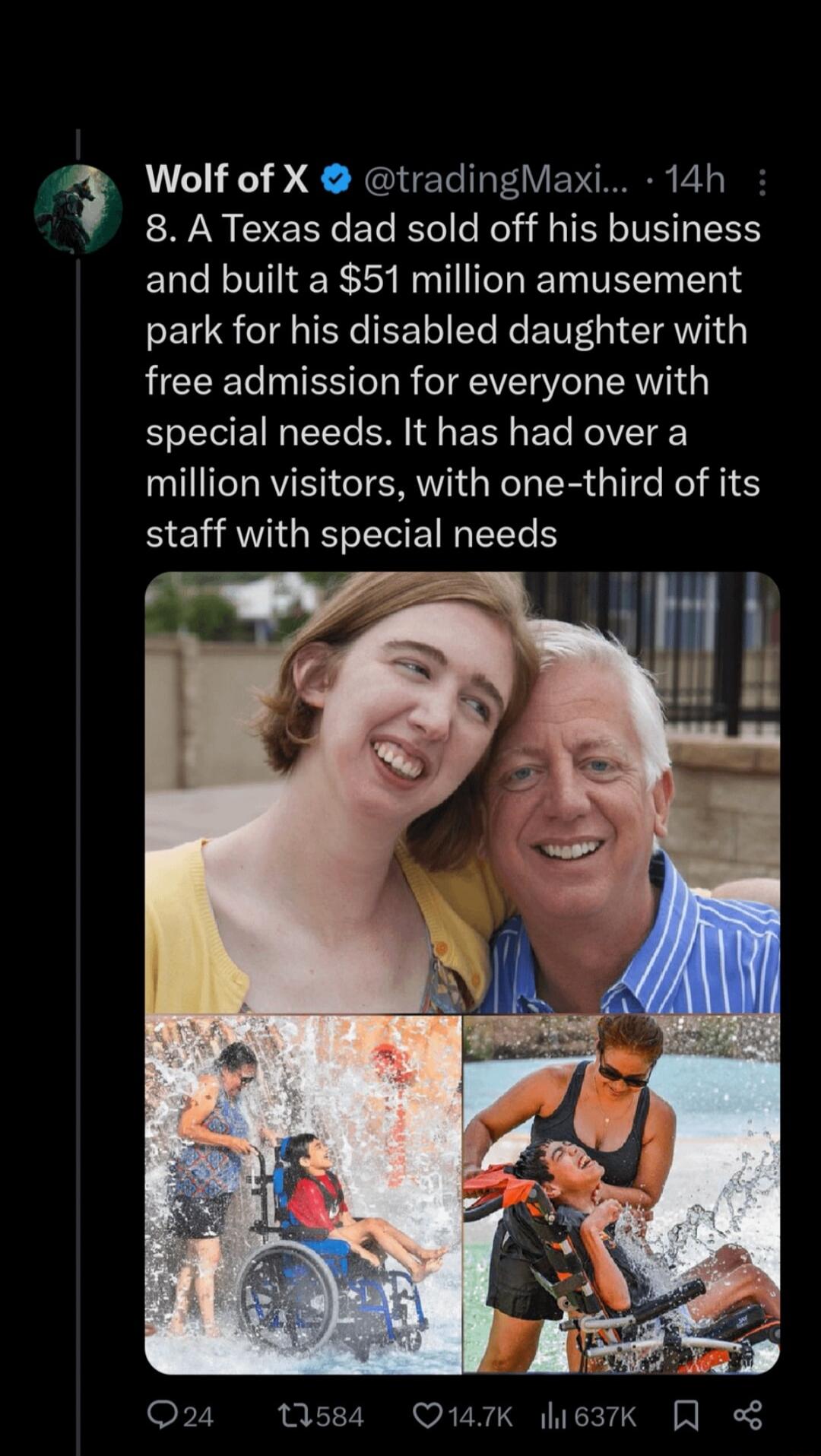 Wolf of X tradingMaxi 14h 8 A Texas dad sold off his business and built a 51 million amusement park for his disabled daughter with free admission for everyone with special needs It has had over a million visitors with one third of its B ERTIGET IR IR Q24 1M584 Q147K 63tk o