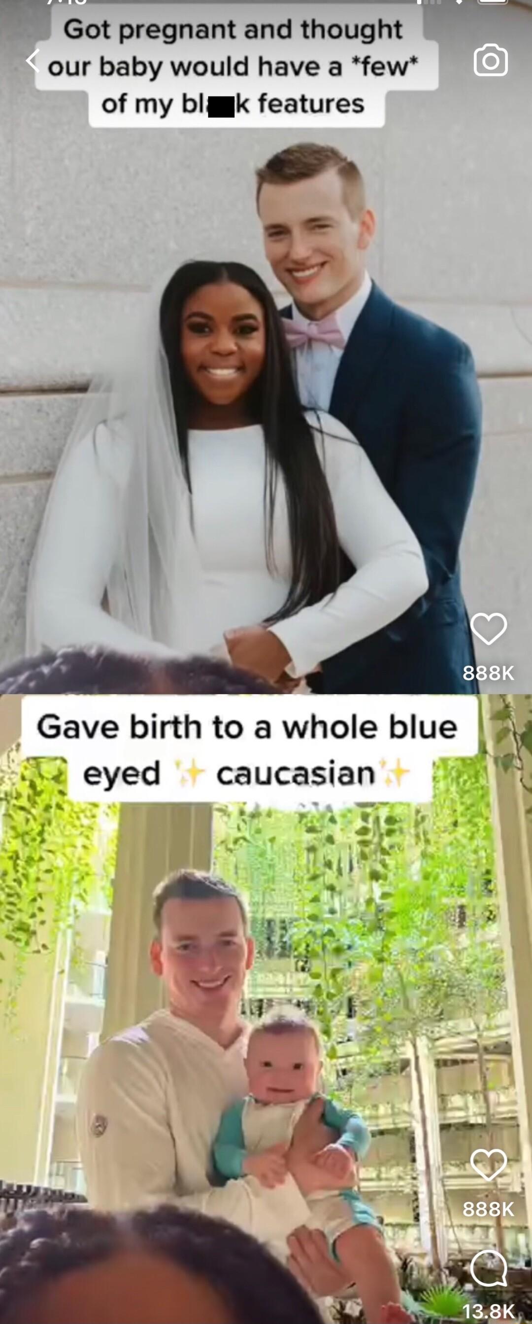 Got pregnant and thought our baby would have a few of my blgmk features Gave birth to a whole blue 4 eyed caucasian