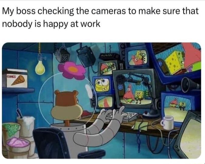 My boss checking the cameras to make sure that nobody is happy at work