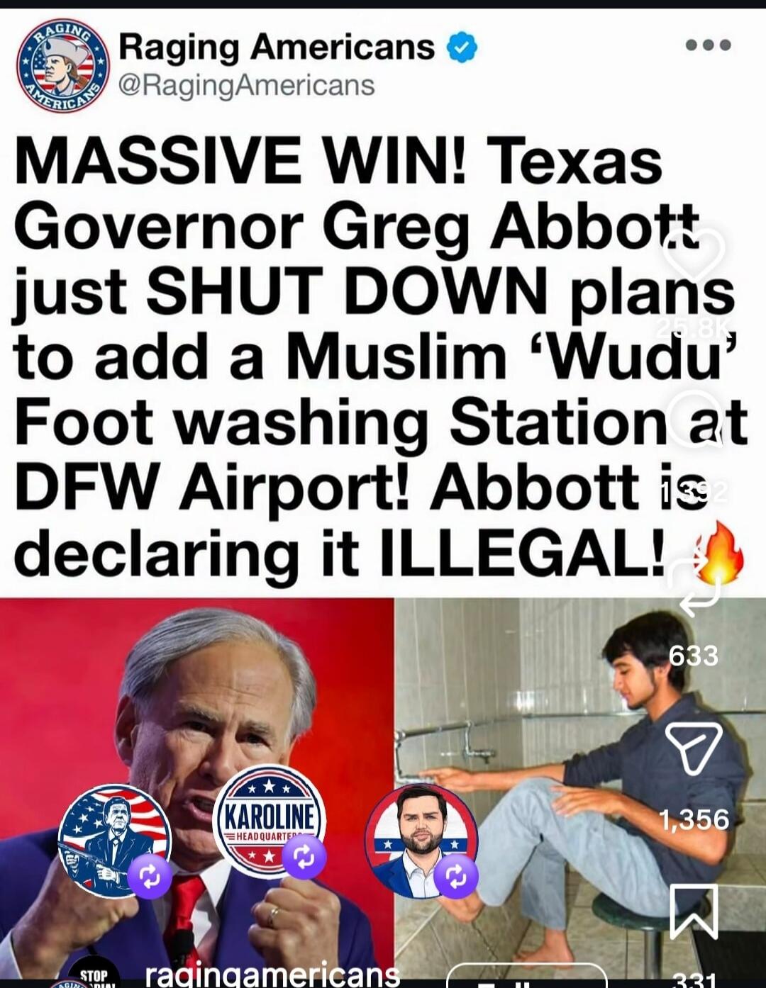 Raging Americans @RagingAmericans MASSIVE WIN! Texas Governor Greg Abbott just SHUT DOWN plans to add a Muslim 'Wudu' Foot washing Station at DFW Airport! Abbott is declaring it ILLEGAL!