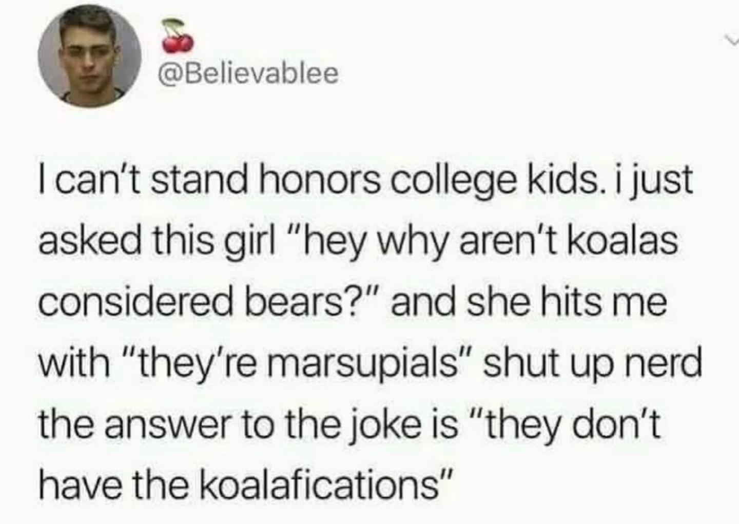 o Believablee cant stand honors college kids i just asked this girl hey why arent koalas considered bears and she hits me with theyre marsupials shut up nerd the answer to the joke is they dont have the koalafications