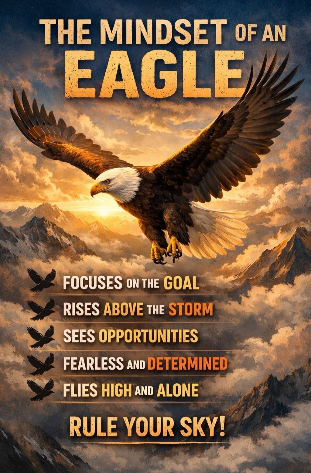 THE MINDSET OF AN EAGLE FOCUSES ON THE GOAL RISES ABOVE THE STORM SEES OPPORTUNITIES FEARLESS AND DETERMINED FLIES HIGH AND ALONE RULE YOUR SKY!
