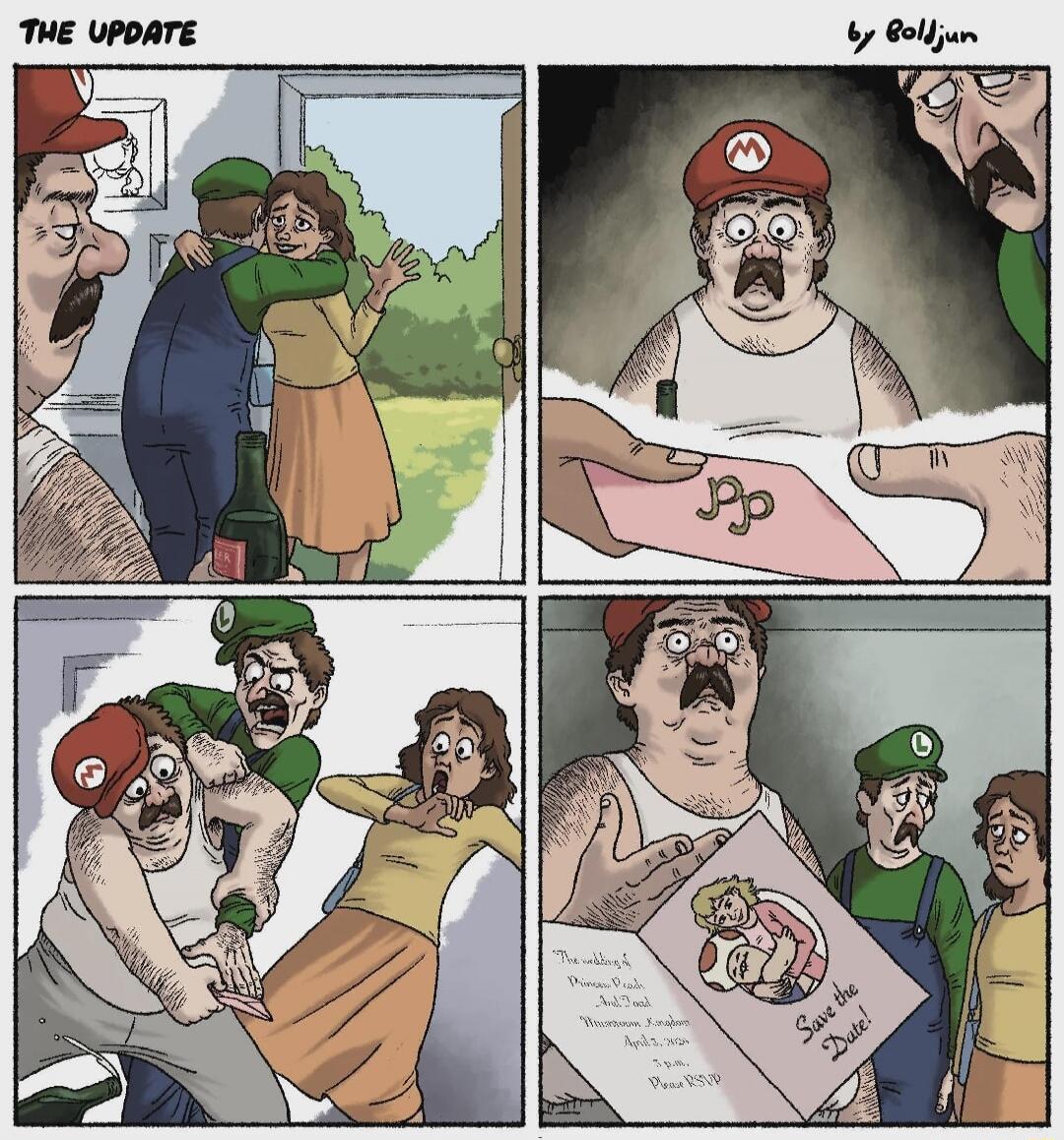 The Update by Boldjun. Mario watches Luigi hug Princess Peach. Mario receives a wedding invitation for Princess Peach and Toad, which says 'The wedding of Princess Peach And Toad Mushroom Kingdom April 2, 202x 3 p.m. Please RSVP' and 'Save the Date!'. Mario reacts with shock and anger, grabbing a knife, while Luigi restrains him and Peach looks ter