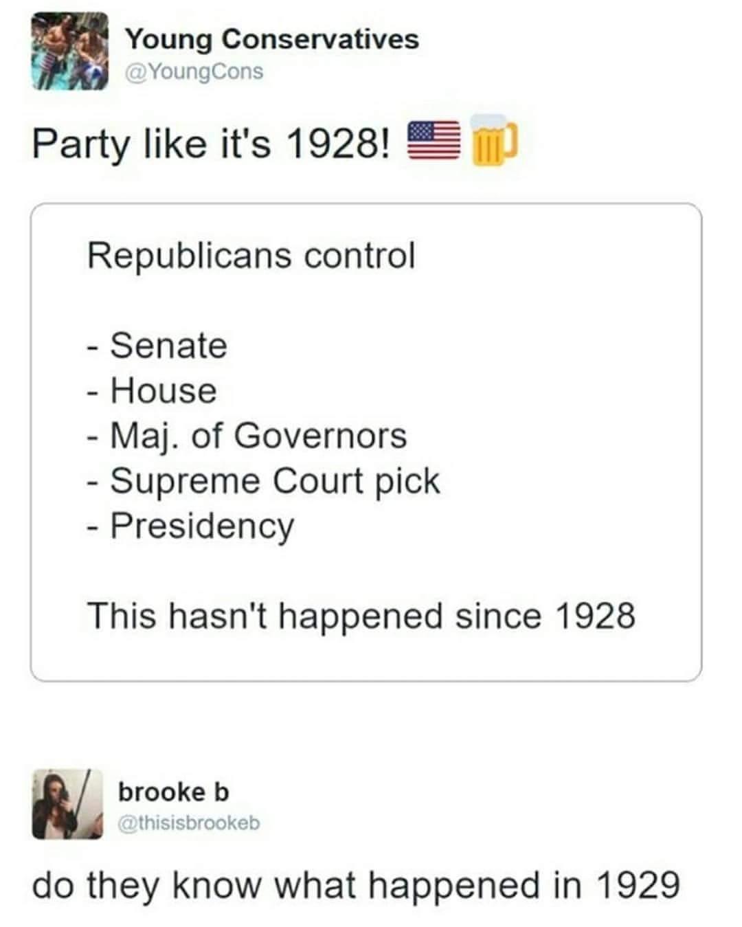 Young Conservatives Ry oungCons Party like its 19281 2 Republicans control Senate House Maj of Governors Supreme Court pick Presidency This hasnt happened since 1928 do they know what happened in 1929