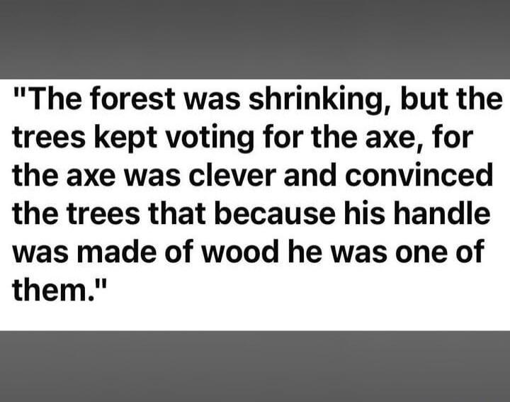 The forest was shrinking, but the trees kept voting for the axe, for the axe was clever and convinced the trees that because his handle was made of wood he was one of them.