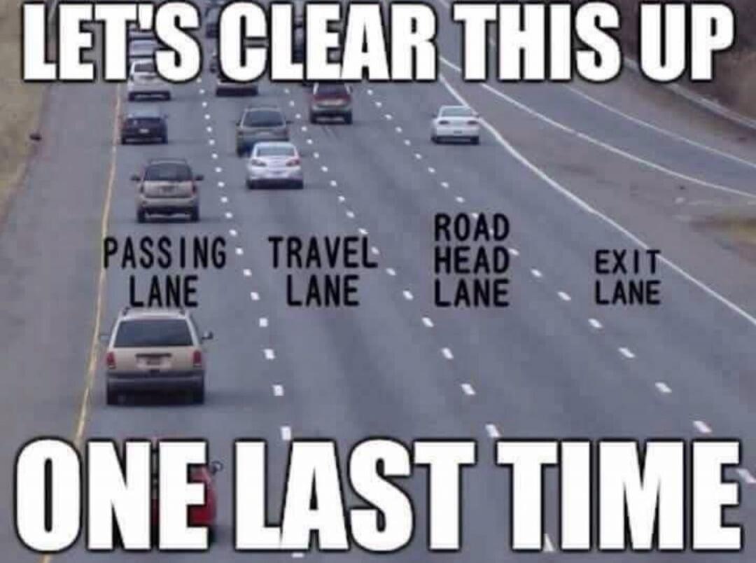 LET'S CLEAR THIS UP ONE LAST TIME PASSING LANE TRAVEL LANE ROAD HEAD LANE EXIT LANE