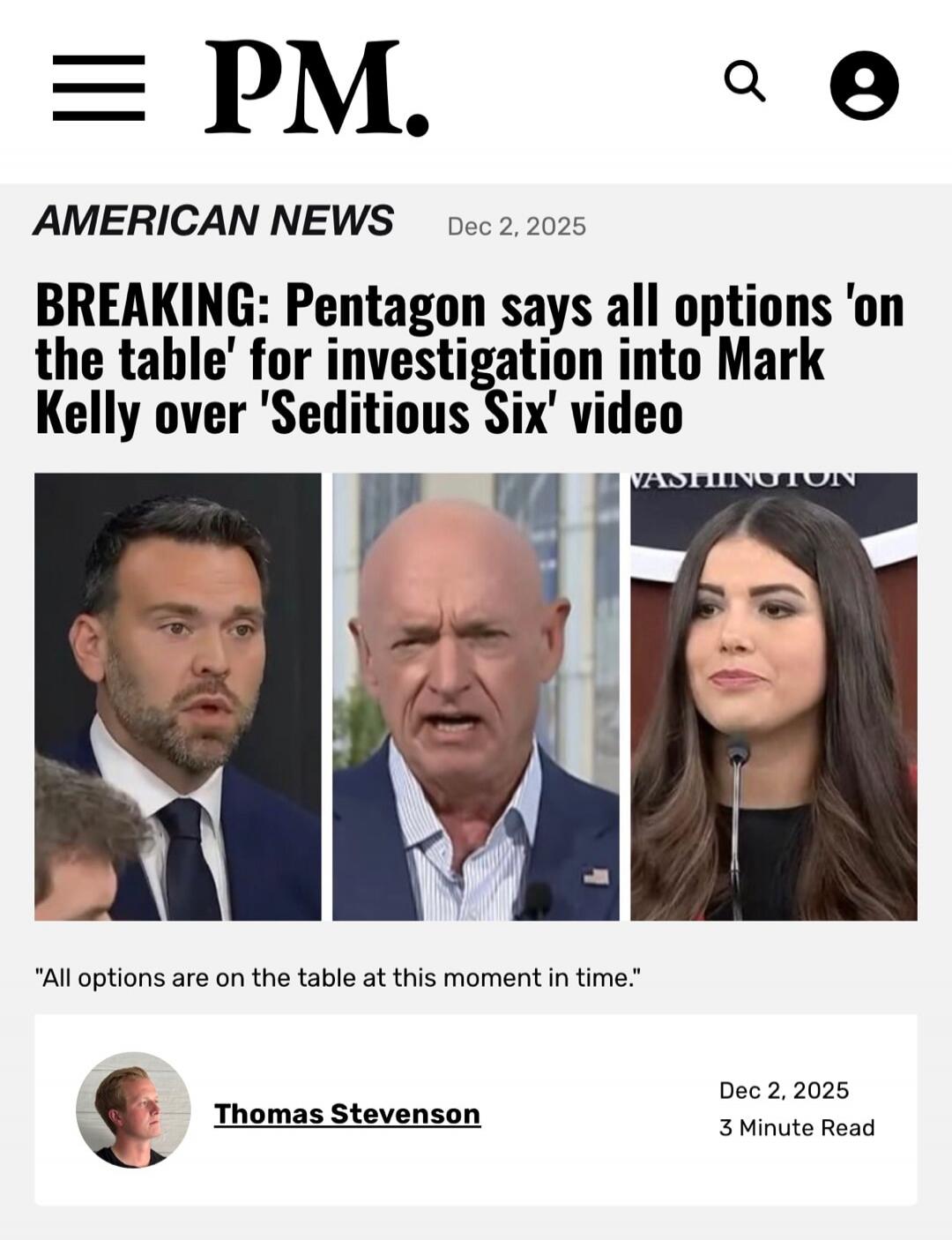BREAKING: Pentagon says all options 'on the table' for investigation into Mark Kelly over 'Seditious Six' video

