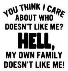 YOU THINK I CARE ABOUT WHO DOESN'T LIKE ME? HELL, MY OWN FAMILY DOESN'T LIKE ME!