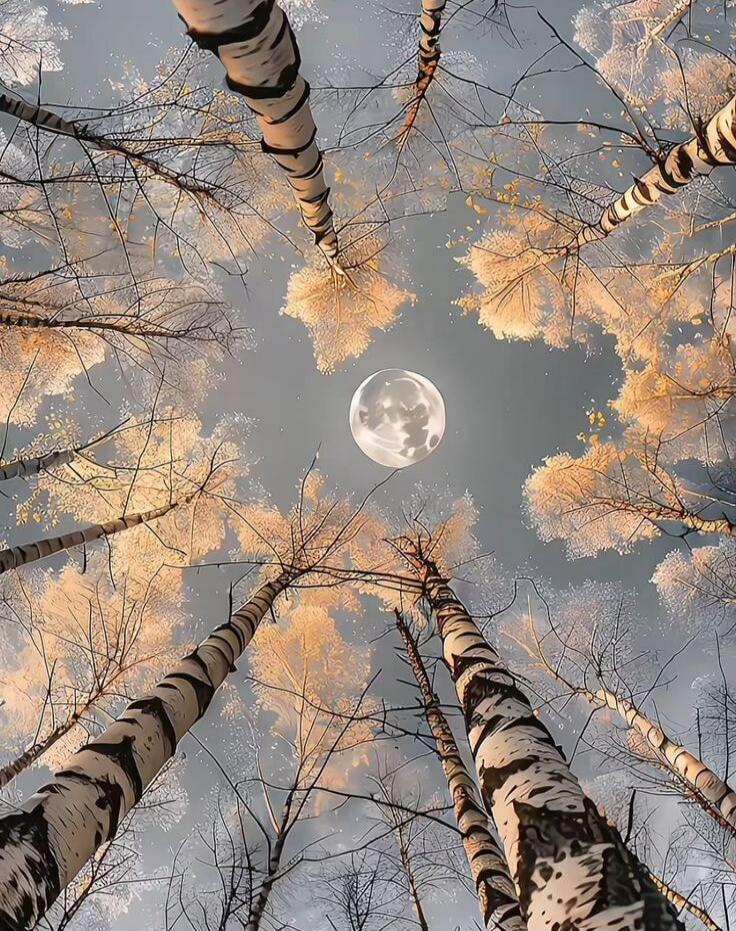 Looking up at the sky through the trees, the moon is visible.