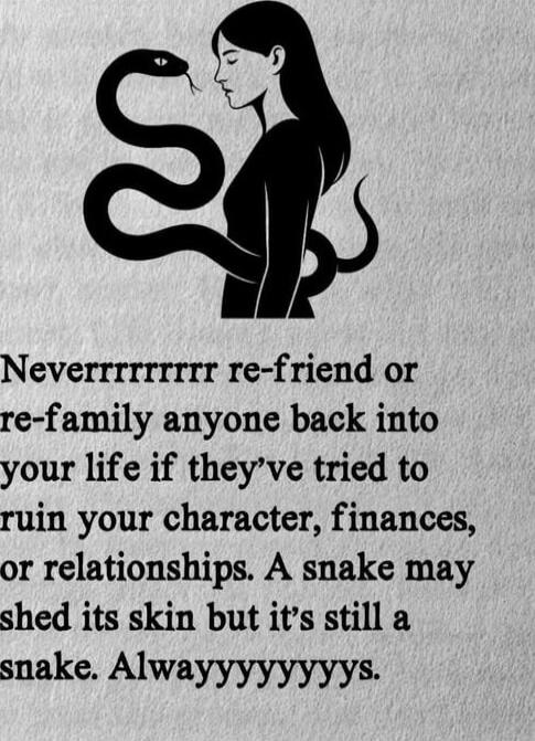 Neverrrrrrrrr re-friend or re-family anyone back into your life if they’ve tried to ruin your character, finances, or relationships. A snake may shed its skin but it’s still a snake. Alwaysyyyy.