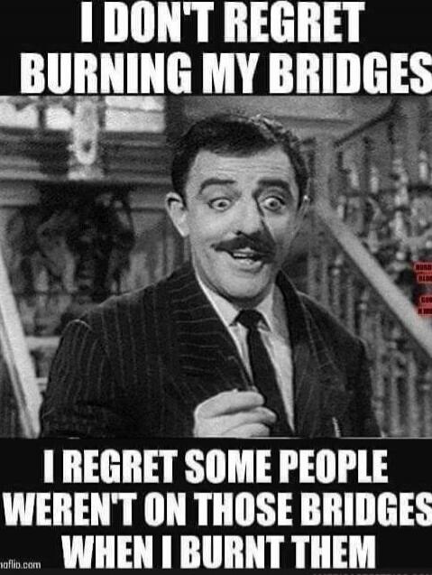 I DON'T REGRET BURNING MY BRIDGES
I REGRET SOME PEOPLE WEREN'T ON THOSE BRIDGES WHEN I BURNT THEM