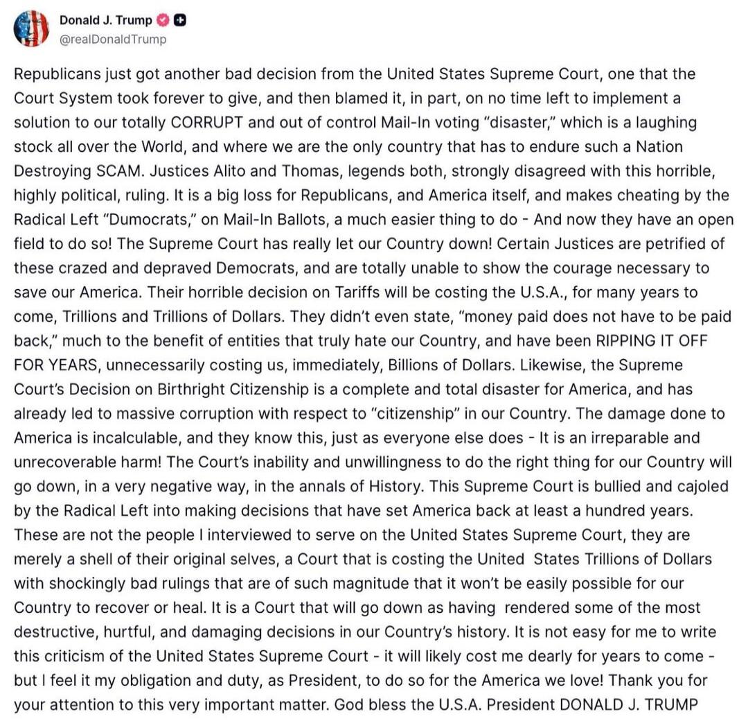 Donald J. Trump @realDonaldTrump Republicans just got another bad decision from the United States Supreme Court, one that the Court System took forever to give, and then blamed it, in part, on no time left to implement a solution to our totally CORRUPT and out of control Mail-In voting 