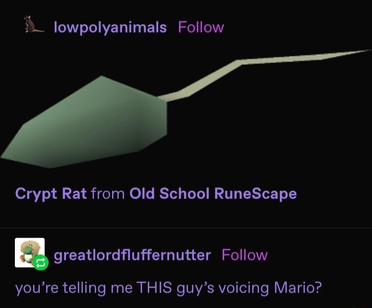 A lowpolyanimals Follow Crypt Rat from Old School RuneScape greatlordfluffernutter Follow youre telling me THIS guys voicing Mario