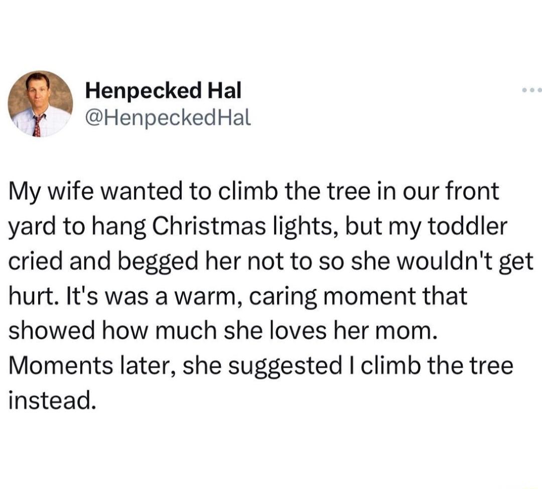 Henpecked Hal HenpeckedHal My wife wanted to climb the tree in our front yard to hang Christmas lights but my toddler cried and begged her not to so she wouldnt get hurt Its was a warm caring moment that showed how much she loves her mom Moments later she suggested climb the tree instead