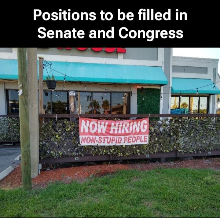 Positions to be filled in Senate and Congress NOW HIRING NON-STUPID PEOPLE