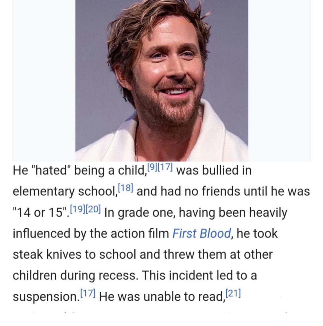 He hated being a childll was bullied in elementary school and had no friends until he was 14 or 151129 In grade one having been heavily influenced by the action film First Blood he took steak knives to school and threw them at other children during recess This incident led to a suspension He was unable to read