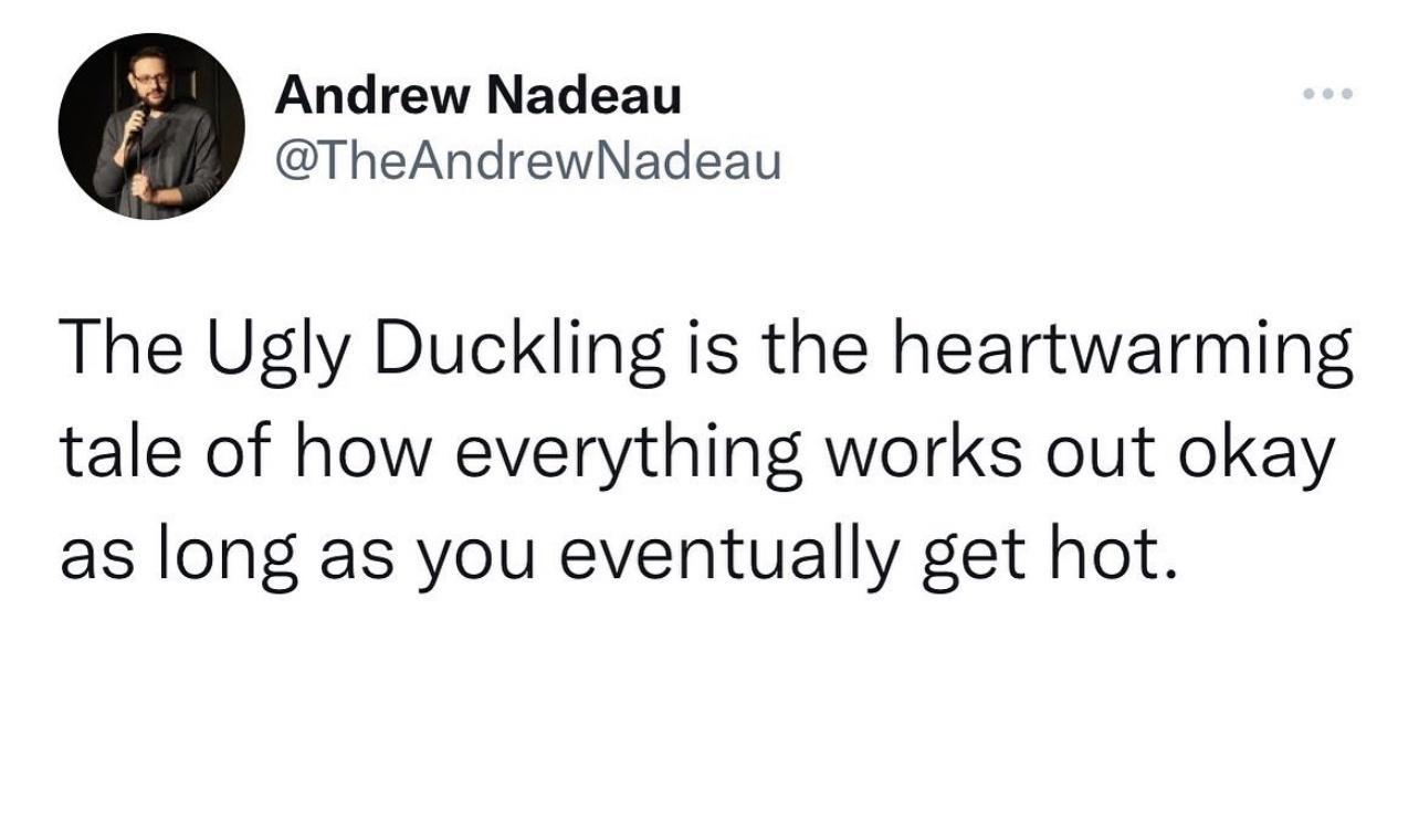 Andrew Nadeau TheAndrewNadeau The Ugly Duckling is the heartwarming tale of how everything works out okay as long as you eventually get hot