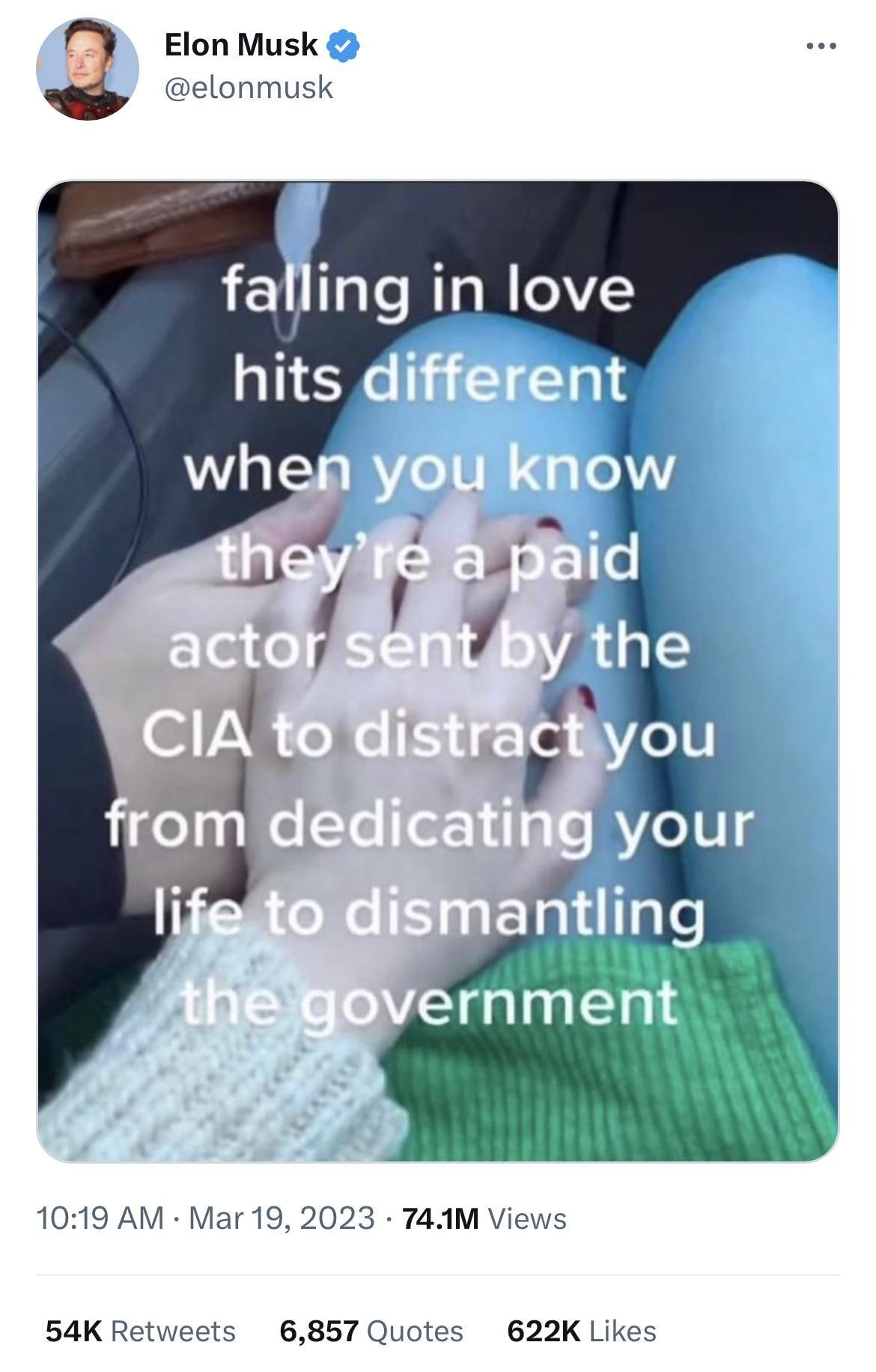 Elon Musk elonmusk fang in love 1019 AM Mar 19 2023 741M Views 54K Retweets 6857 Quotes 622K Likes