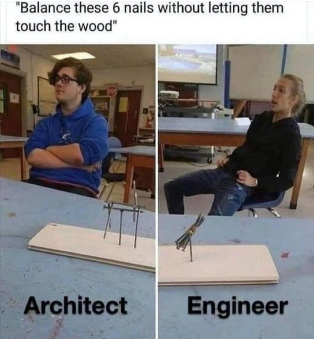 Balance these 6 nails without letting them touch the wood. Architect. Engineer.