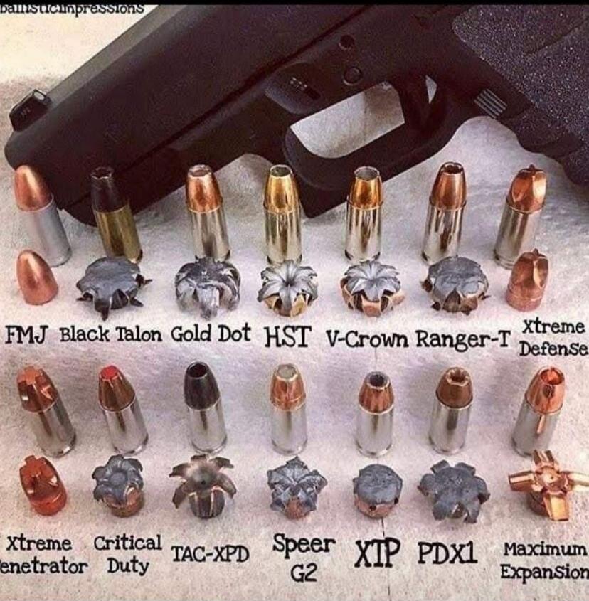 FMJ  Black Talon  Gold Dot  HST  V-Crown  Ranger-1  xtreme Defense
xtreme penetrator  Critical Duty  TAC-XPD  Speer G2  XTP  PDX1  Maximum Expansion