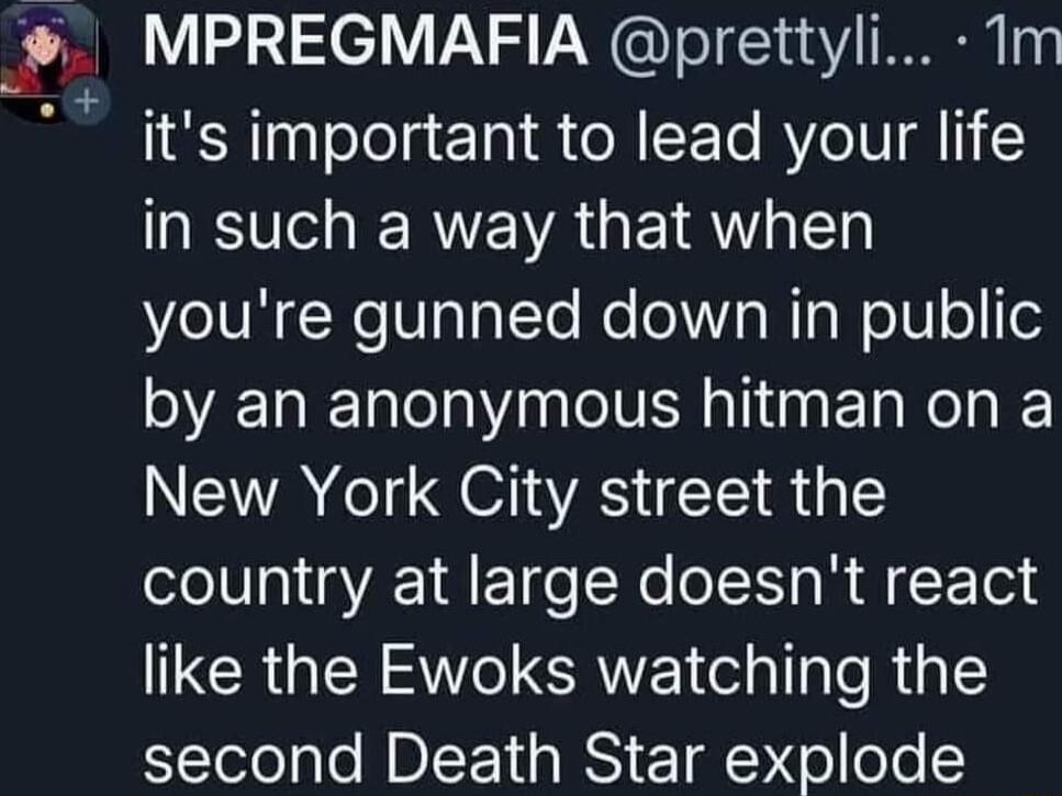 MPREGMAFIA prettyli Tm its important to lead your life RV ERVEWA G EIRW youre gunned down in public by an anonymous hitman on a New York City street the country at large doesnt react CRGEN W ERVE el a e RiaT second Death Star explode