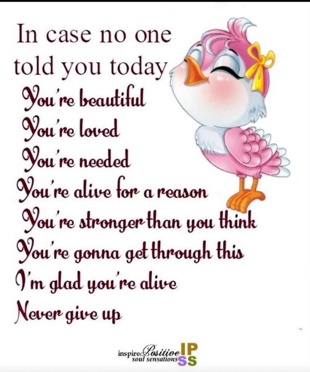 In case no one told you today
You're beautiful
You're loved
You're needed
You're alive for a reason
You're stronger than you think
You're gonna get through this
I'm glad you're alive
Never give up
inspire Positive IP soul sensations SS