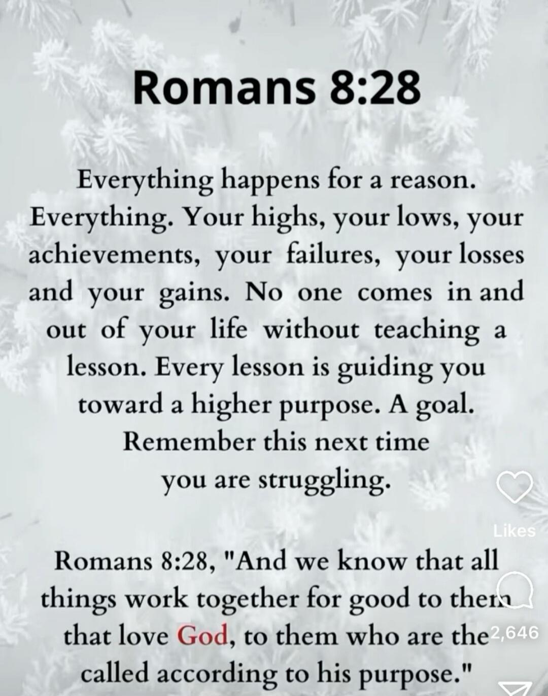 Romans 8:28
Everything happens for a reason. Everything. Your highs, your lows, your achievements, your failures, your losses and your gains. No one comes in and out of your life without teaching a lesson. Every lesson is guiding you toward a higher purpose. A goal. Remember this next time you are struggling.
Romans 8:28, 