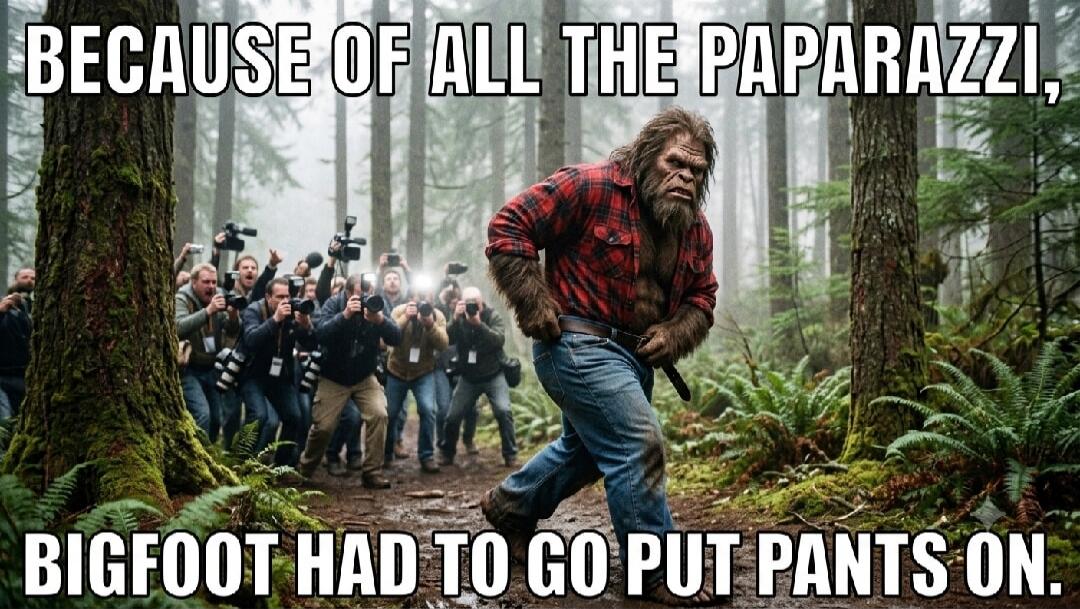 BECAUSE OF ALL THE PAPARAZZI, BIGFOOT HAD TO GO PUT PANTS ON.